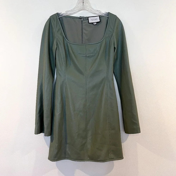 Alexis Vanna Faux Leather Sage Green Square Neck Long Bell Sleeve Mini Dress - Picture 3 of 8